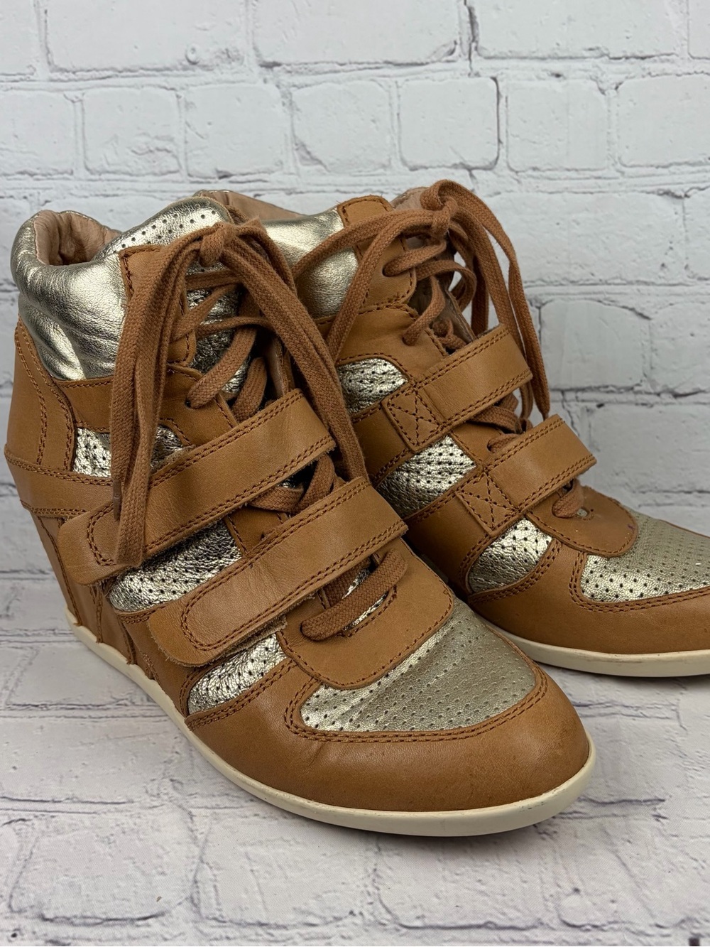 ASH Bowie Wedge Sneakers Tan Leather Gold Metallic High Top Shoes Size 41/10.5